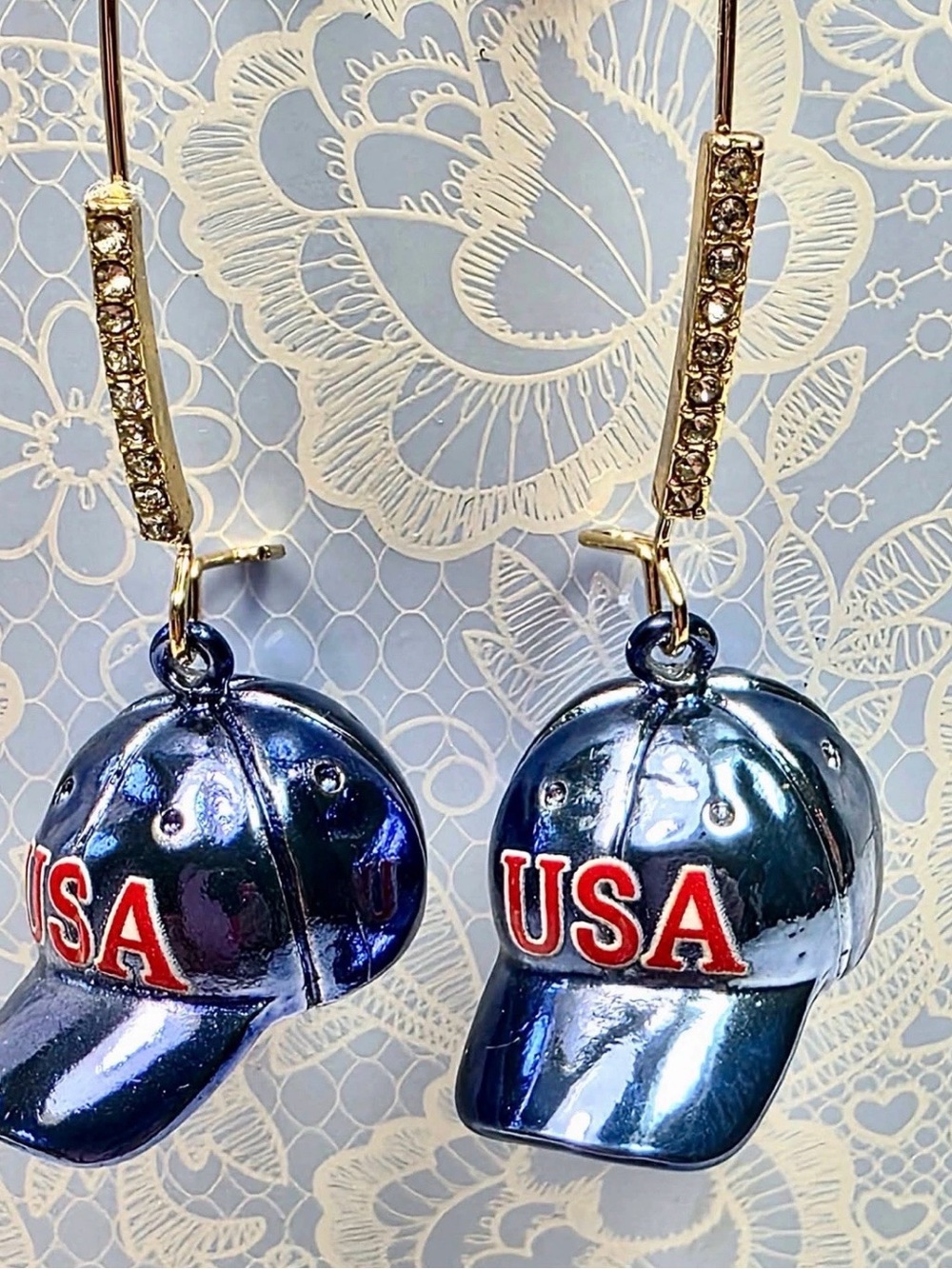 NWT Betsey Johnson Americana USA Metallic Blue Baseball Cap Drop Earrings